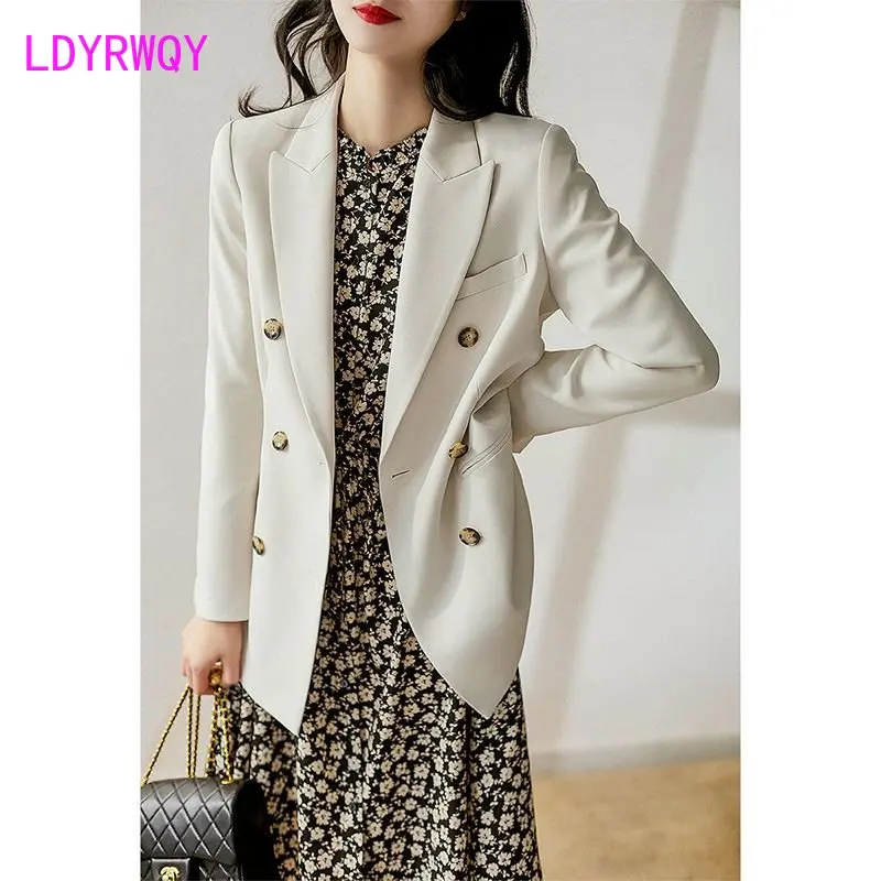 Solid color suit coat 2023 new early spring and autumn versatile double-breasted French design feeling relaxed and casual