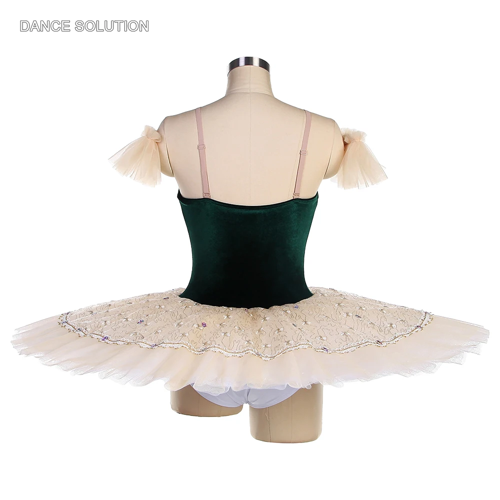 Professional Ballet Tutu Costume Dark Green Velvet Bodice with Ivory Pancake Tutu Skirt Ballet Outfit for Women & Girls BLL546