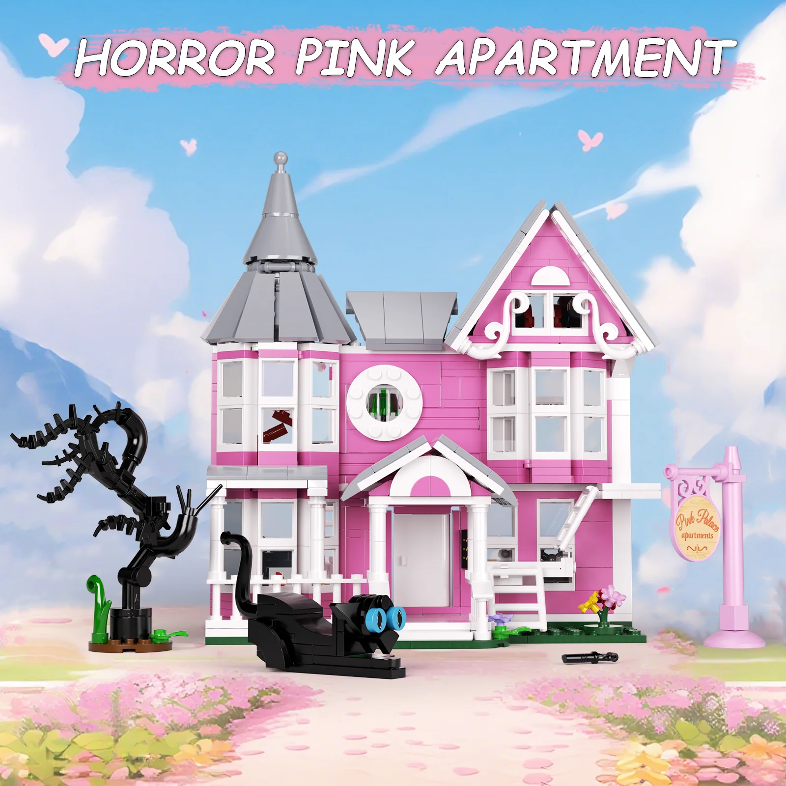 Rosa Palasthaus Bausteine Set Halloween Herrenhaus Modell Spielzeug Weihnachtsgeschenke für Kinder Erwachsene (566 Stück)