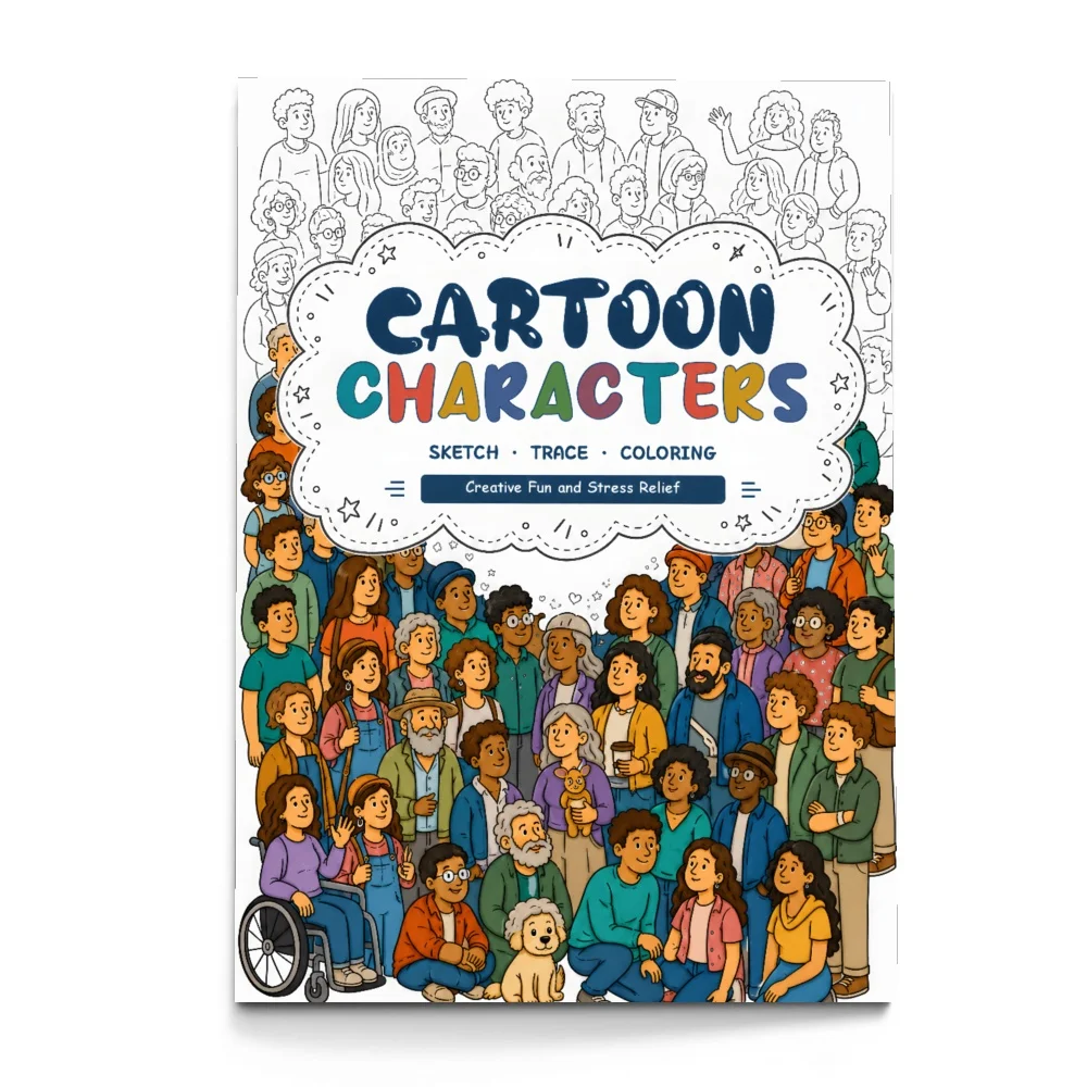 Cartoon Characters Coloring Book, Diverse People, Community Life, Family Moments and Everyday Scenes for Teens and Adults