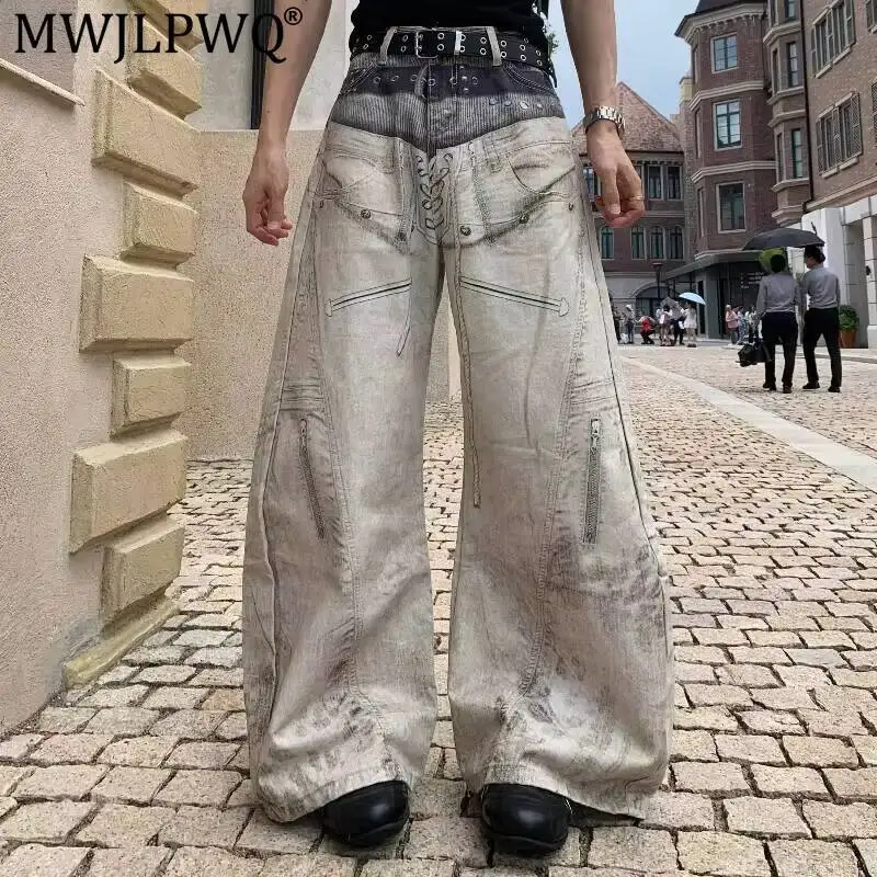 MWJLPWQ Niche Design Street Style Double-Waisted Rivet-Printed Jeans Men's Tide Washed Distressed Loose Wide-Leg Trousers 17499