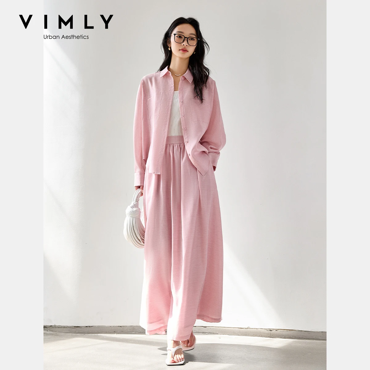 

VIMLY Women's Lyocell Blend Skirt Suit Woman Outfits 2025 Spring Loose Shirt High Waist Long Skirt Two Piece Skirt Set M9063