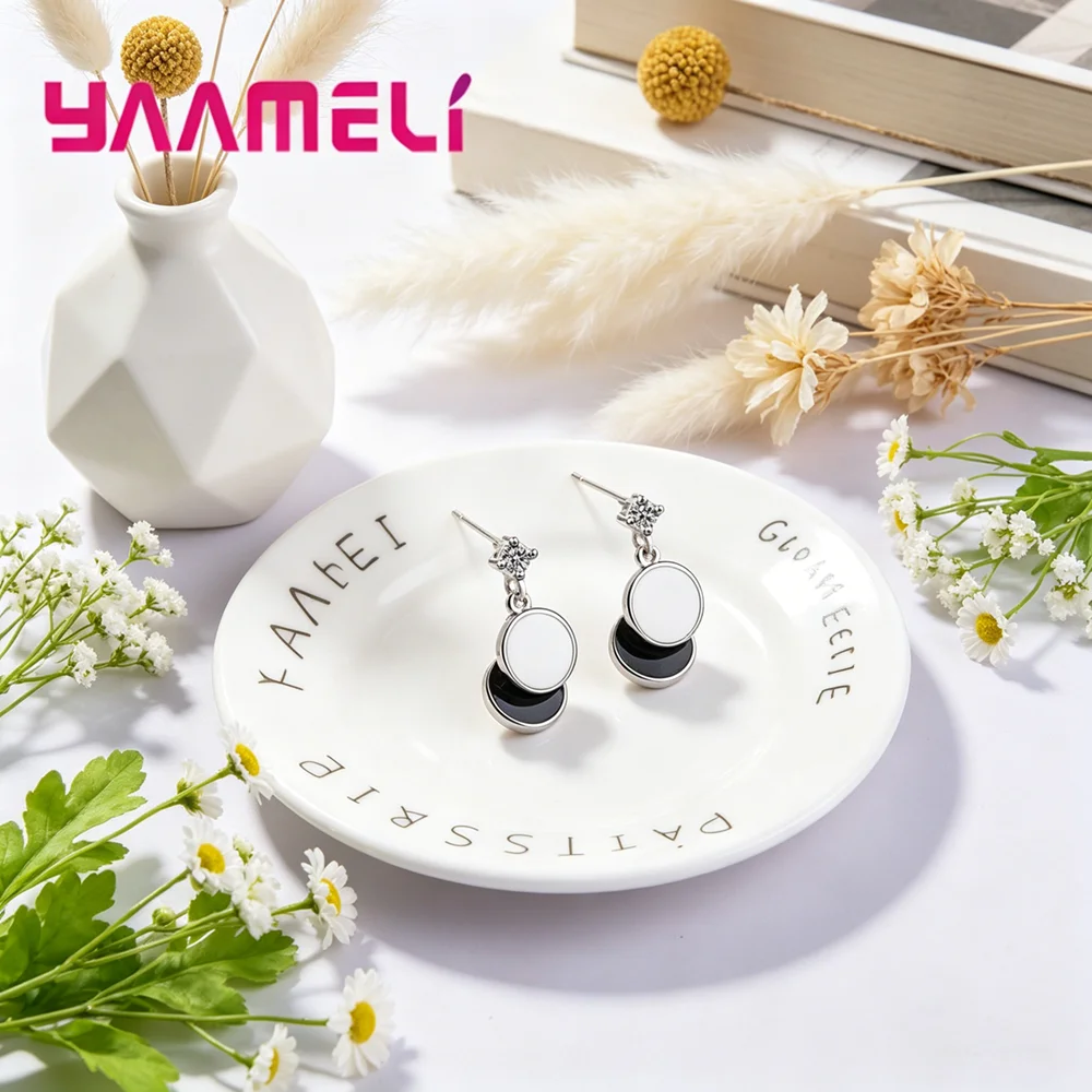Attractive Romantic Style White & Black Round 925 Sterling Silver Drop Earrings For Women/Ladies/Girls Fashion Korean Jewelry