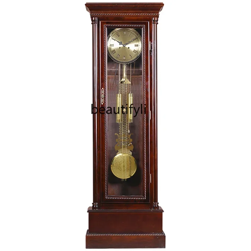 NQ Solid Wood Mechanical Floor Clock European-Style Living Room Clock Chinese Retro Vertical Time Reporting Large Swing Clock