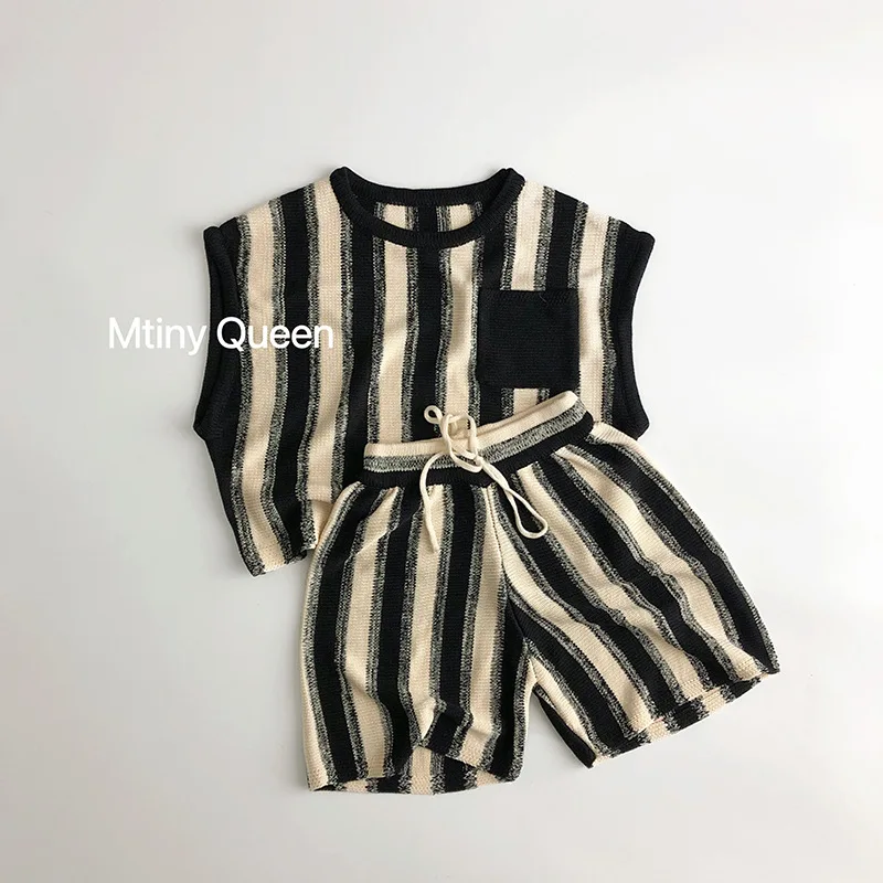 

2024 Summer New Children Sleeveless Clothes Set Baby Boy Girl Striped T Shirts + Shorts 2pcs Suit Kids Knit Vest Casual Outfits