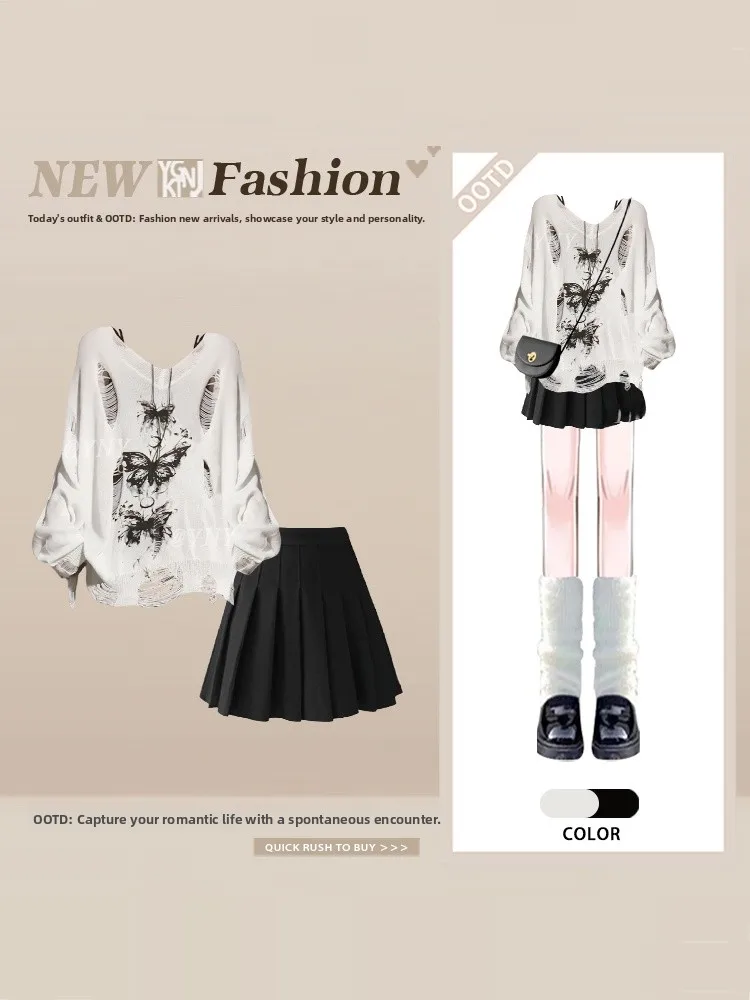 

Bla Print Vintage Hole Knitted Top Loose Spring High Waist ort Skirt Two-Piece Set Women's Faion Ensemble