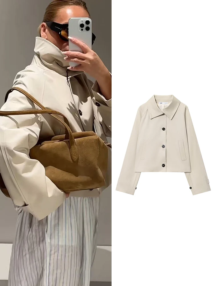 

Autumn Women's Fashion Short Jacket Coat Chic Lapel Casual Single-breasted Simple Loose Trench Coat Ladies Commuter Outerwear