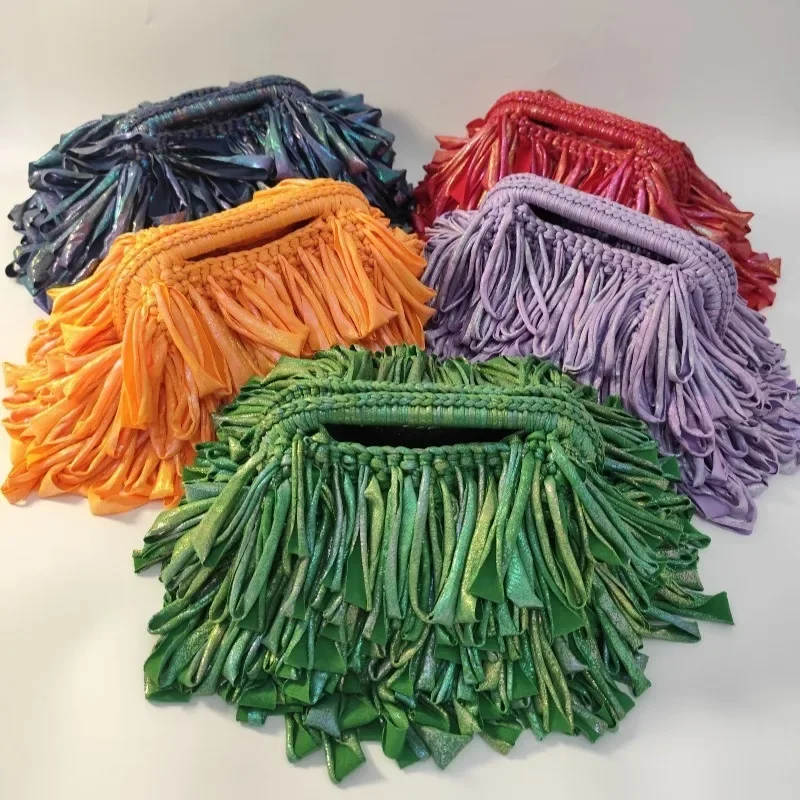 Handmade Metallic Shimmer Fringe Crochet  Bag  Women Clutch Bag  Holographic Tassel Fashion Woven Handheld Evening Purse