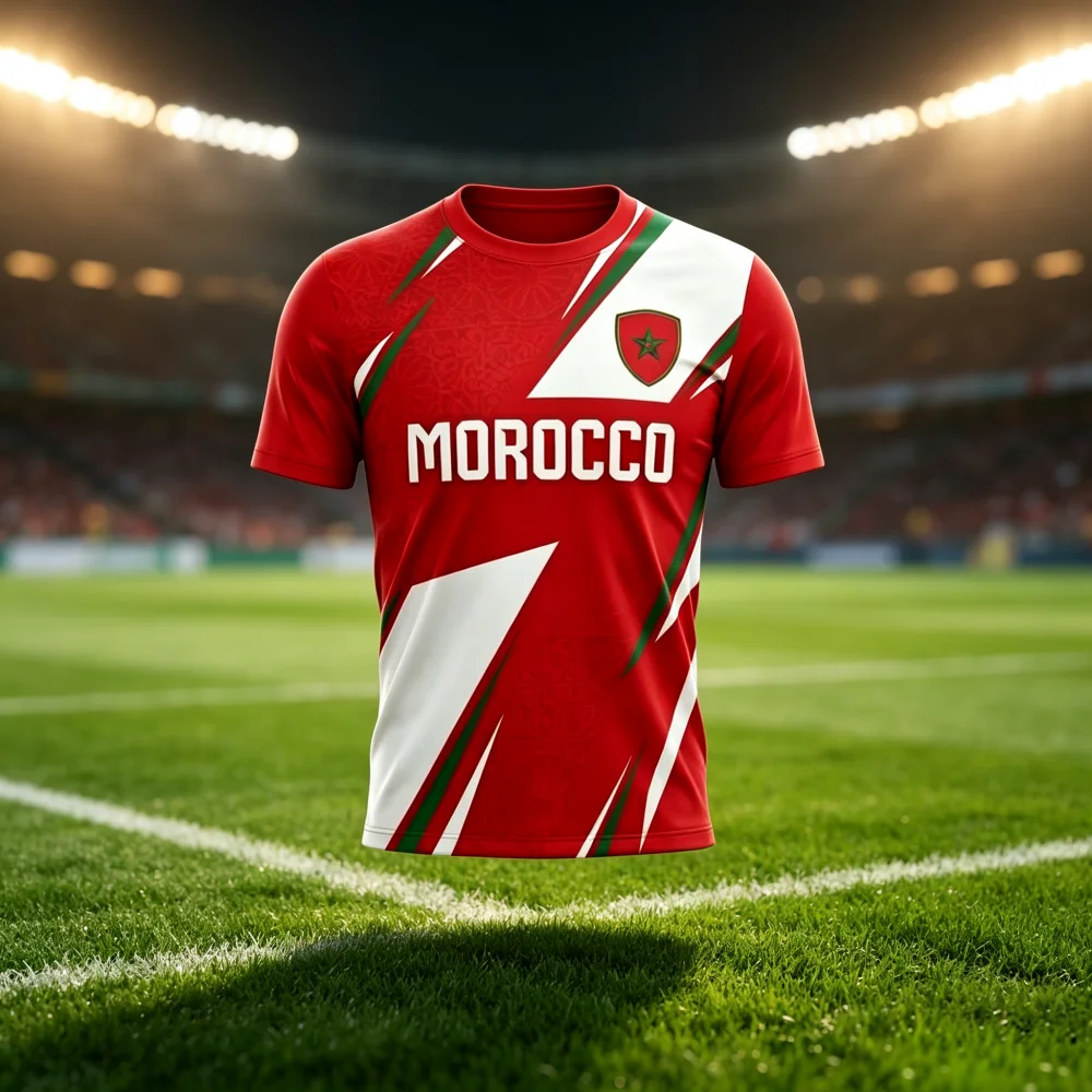 New Moroccan National Design 3D Printed Creative Football Jersey Fan Friendly Quick Drying Casual Sports Men's Family Kids Tees