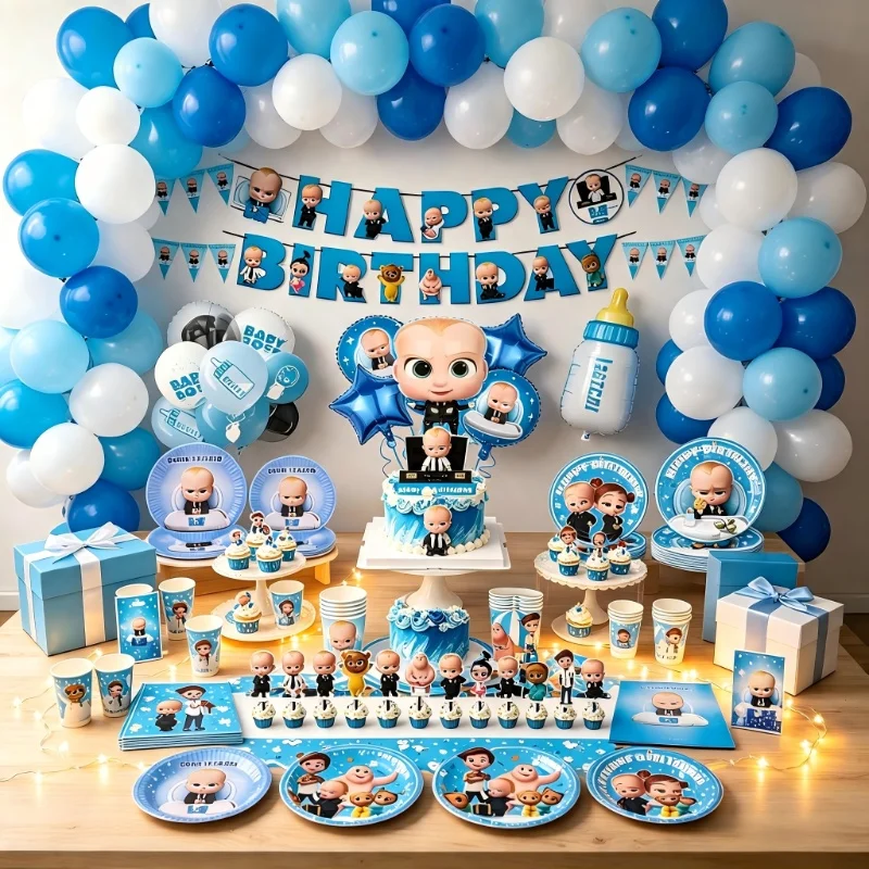 Blaues Little Executive Baby B-BOSSED Duschparty-Dekorationsset mit Einwegteller, Bechern, Servietten, Banner und Ballons für Geburtstagsfeiern