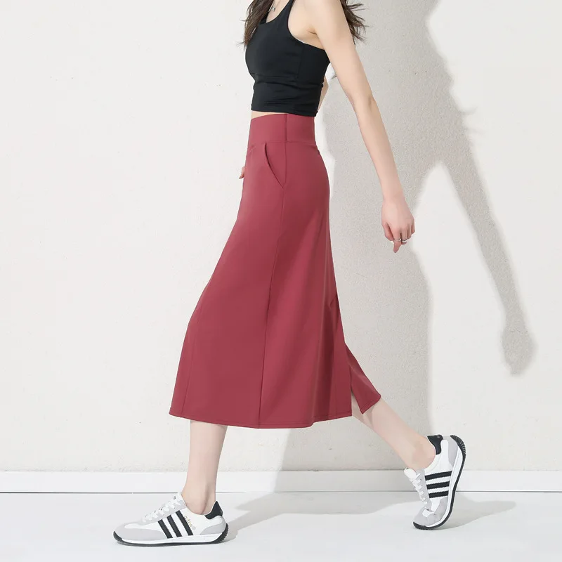 High Waist Mid-Length A-Line Skirt for Women Spring Autumn Yoga Sport Casual Slimming High Elastic Nylon Knitted Half Skirt