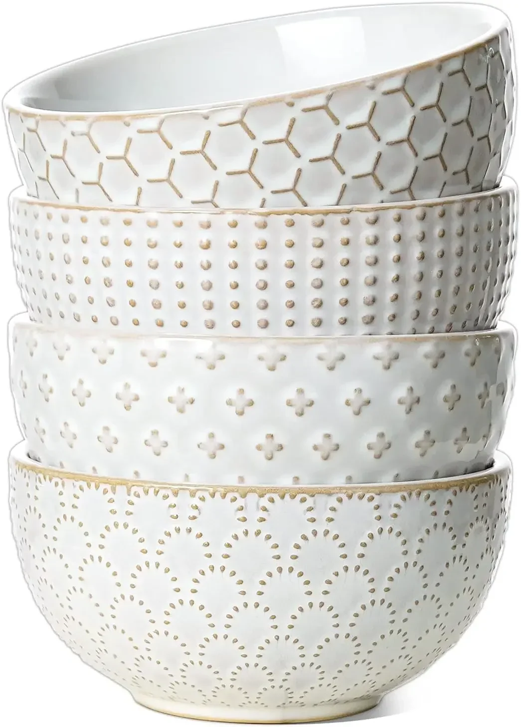 Cereal bowls 26 oz, Ceramic Soup Bowl for Kitchen, Embossment Stoneware Bowl for Pho, Chip, Fruits, Salad, Noodle, Ramen, Suit For Housewarming - 6 Inch, Set of 4, Arctic white