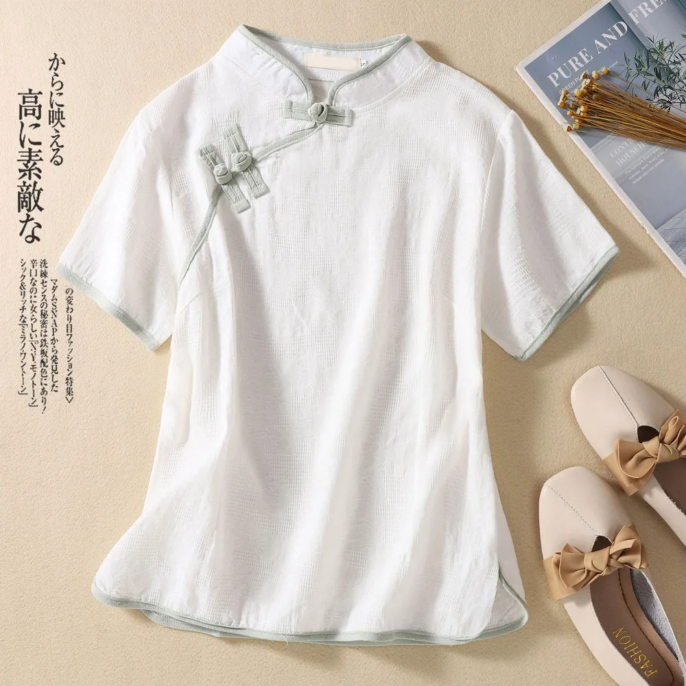 Women's Chinese Style Cotton Linen Top, Retro Mandarin Collar Frog Button Short Sleeve Shirt, Improved Hanfu Top