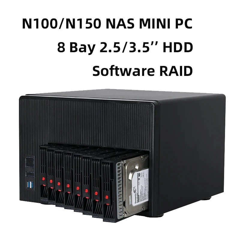 คอมพิวเตอร์ขนาดเล็ก Inter N100/N150 NAS รองรับซอฟต์แวร์ RAID Linux DDR5 M.2 SSD สำหรับใช้งานที่บ้าน/สำนักงาน พร้อมช่องใส่ฮาร์ดดิสก์ 8 ช่อง 1xHDMI รองรับ WIN10