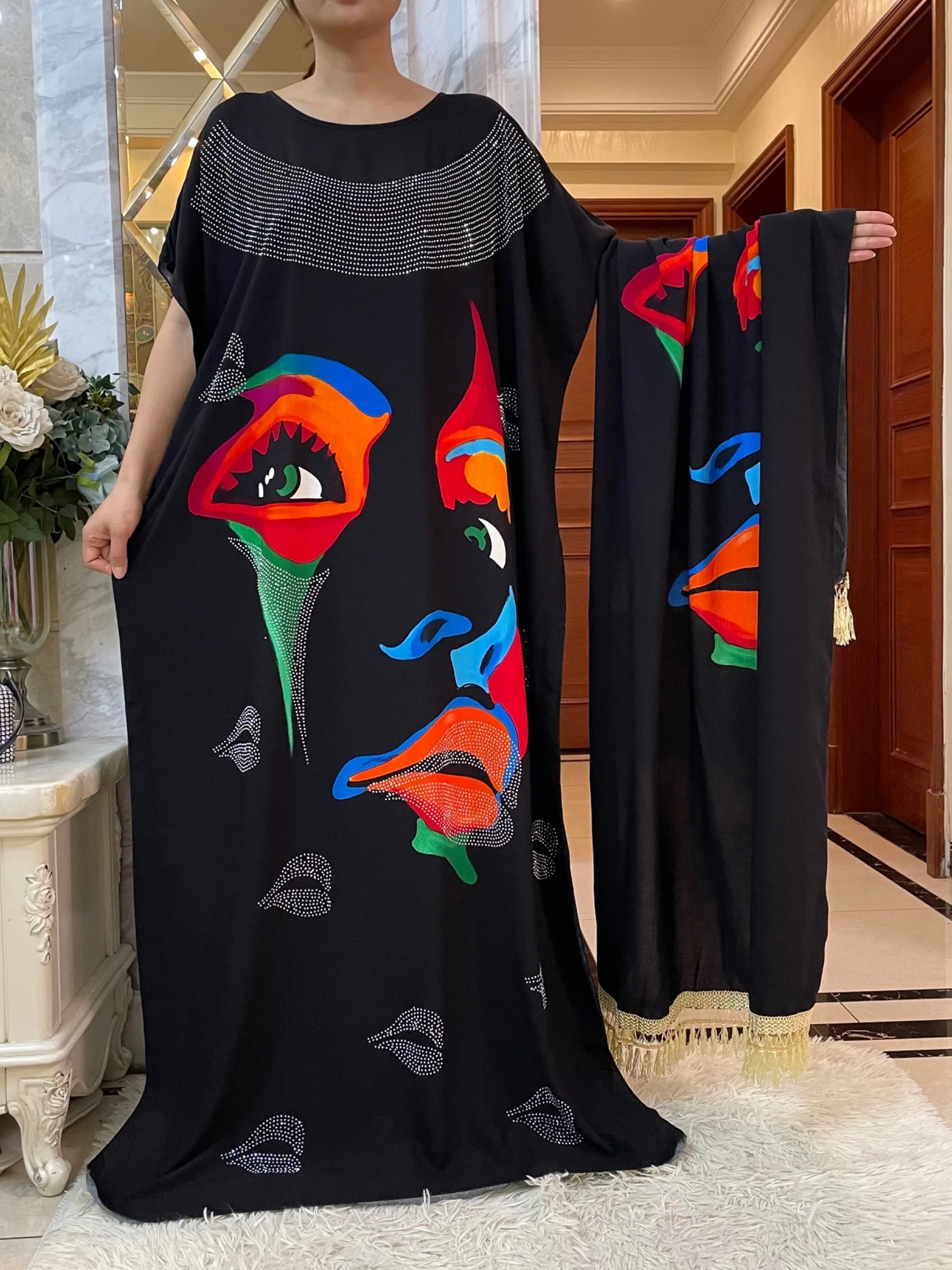 New African Summer Short Sleeve With Big Scarf Dress Printed Floral Diamonds Loose Boubou Maxi Islam Women Cotton Abaya Clothing