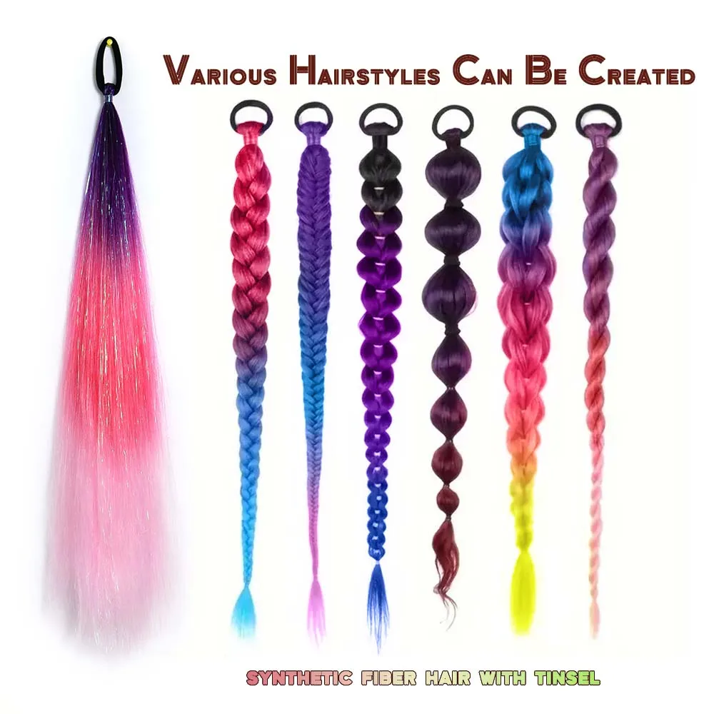 Colored Hair Extensions Synthetic Ombre Braid Ponytail Blend Hair Tinsel with Tie 26 “for Women＆Girls Festival Hair Accessories