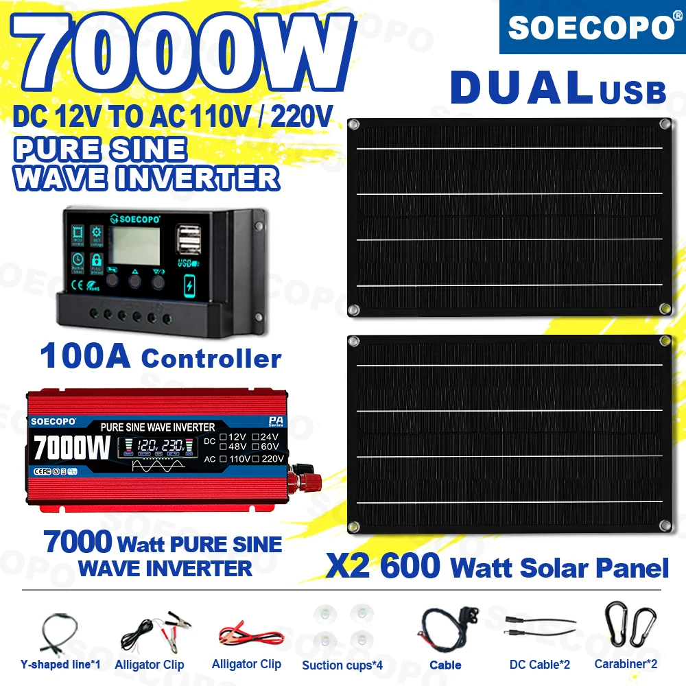 

SOECOPO 7000W Peak Pure Sine Wave Solar System Kit 2x600W Panels 100A Controller 12V To 110V 220V Inverter for Camping RV Home