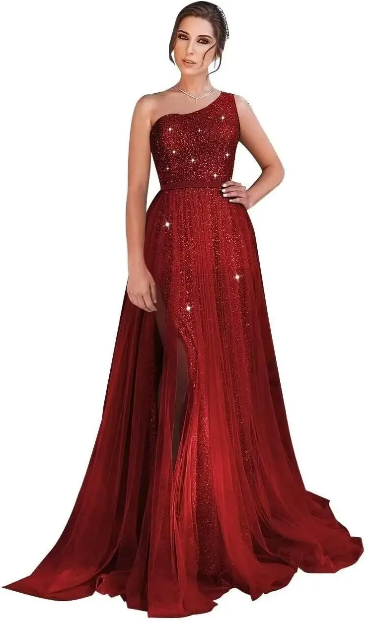Abiti da ballo lunghi con paillettes monospalla da donna 2025 Abito da sera maxi formale in tulle scintillante con spacco