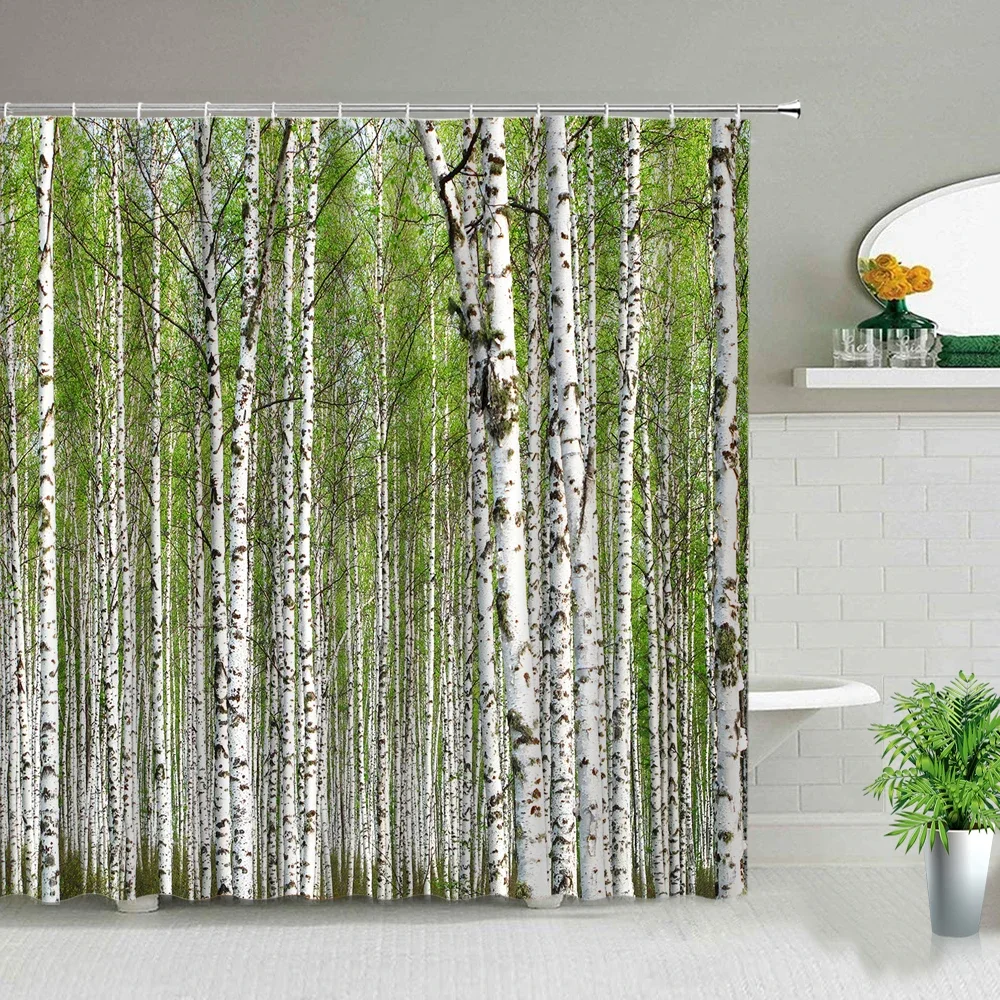 Birch Tree Forest Scenery Shower Curtain Flower Waterfall Wooden Bridge Landscape Waterproof Fabric Bathroom Curtains With Hooks