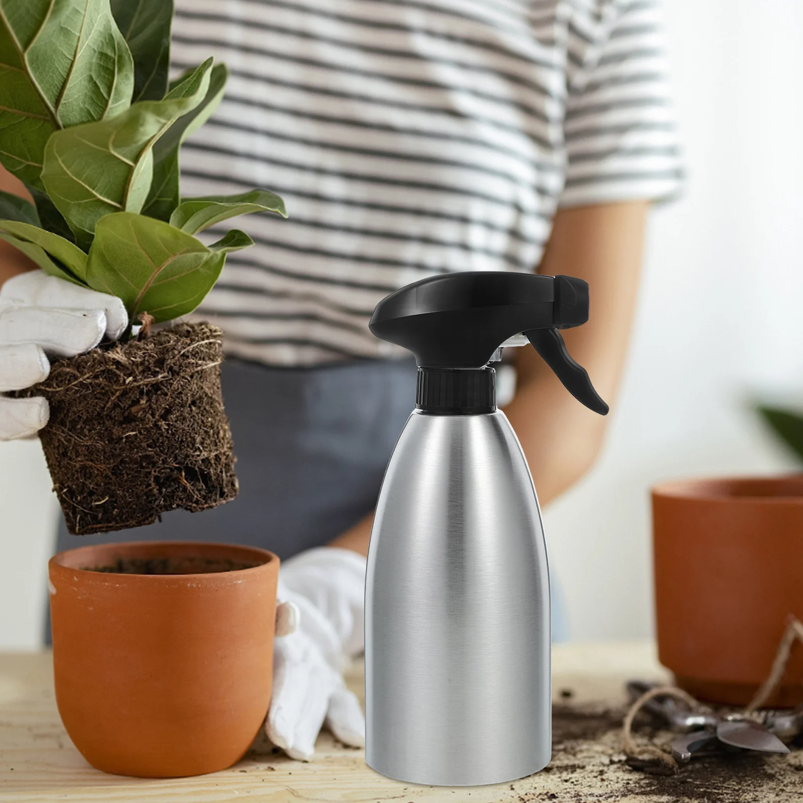 

304 Stainless Steel Watering Can Spray Bottle BBQ Silver Sprayer Handpressed Fine Mist Portable Easy Clean Gardening Tool