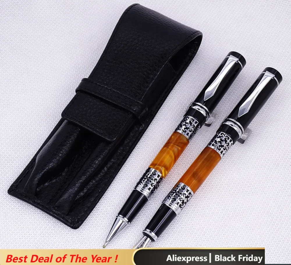 Yiren 675 Celluloid Silver Flower Pattern Fountain Pen & Roller Pen with Real Leather Black Pencil Case Washed Cowhide Pen Case