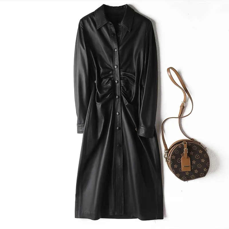 Leather Cardigan For Women Real Sheepskin Slim Fit Long Dress Female Elegant Commuting Pleated Waistband Long Coat Streetwear