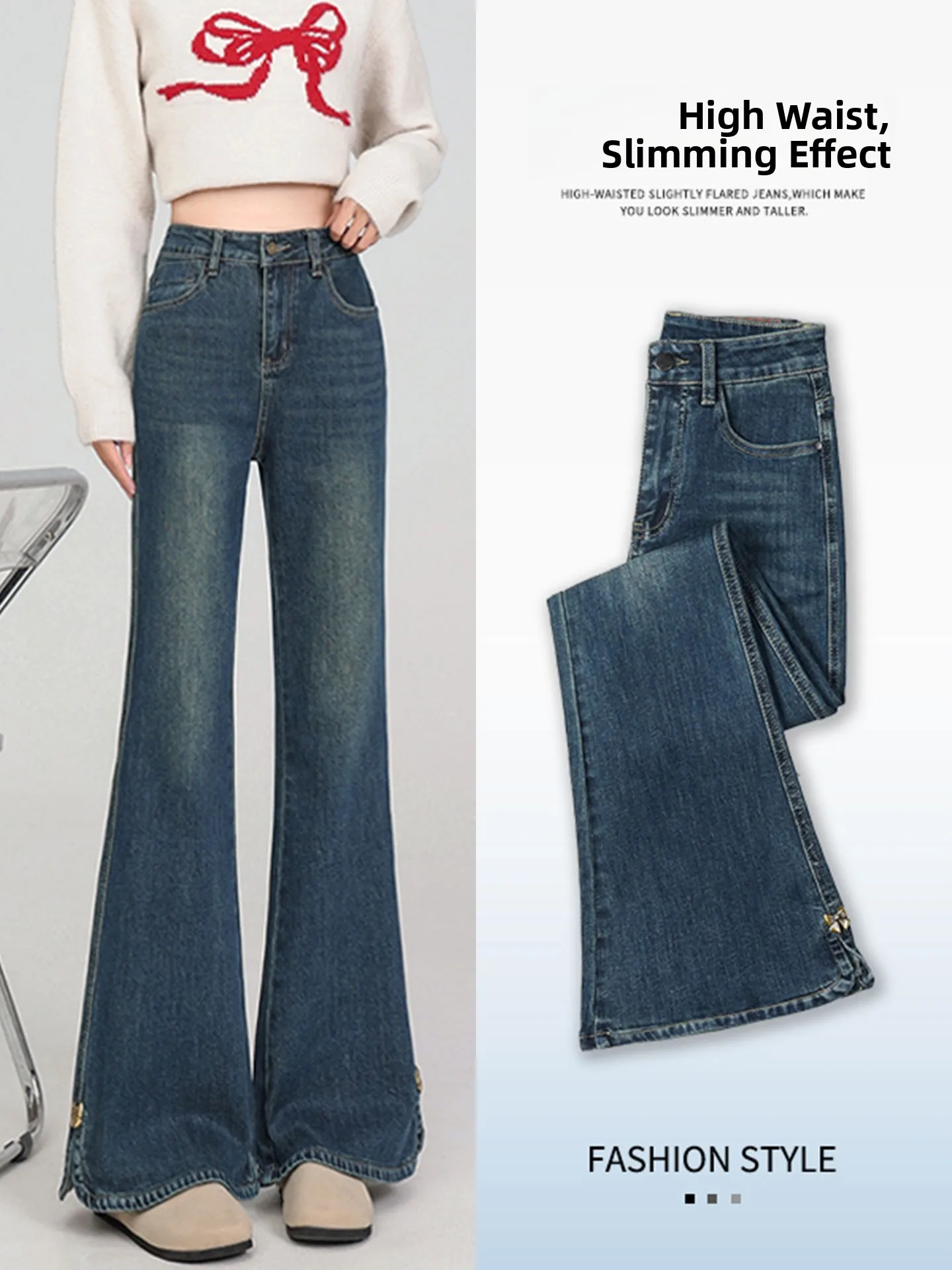 

Модные джинсы-клеш с высокой талией для женщин, весна-осень, с разрезом и узлом, повседневные, стройнящие, брюки-клеш