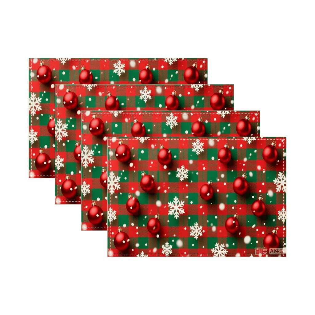 4pcs Red Green Plaid Christmas Placemats Set with Golden Snowflake Holly Berry Patterns Durable Table s for Holiday Dining
