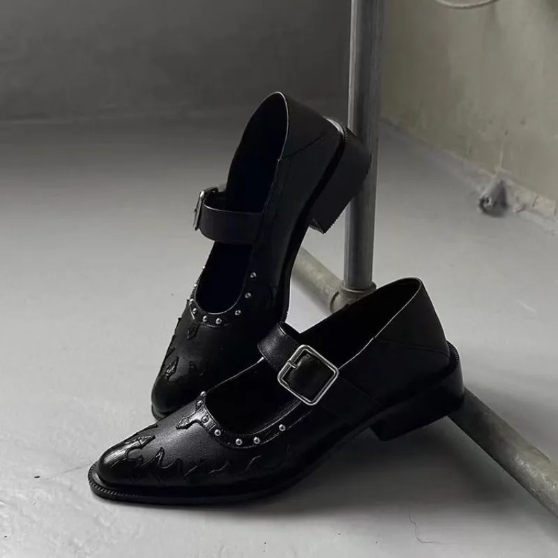 

Black Punk Style Pointed Small Leather Shoes 2025 New Style Shallow Mouth Casual Single Shoes Slip on Fashionable Women's Shoes
