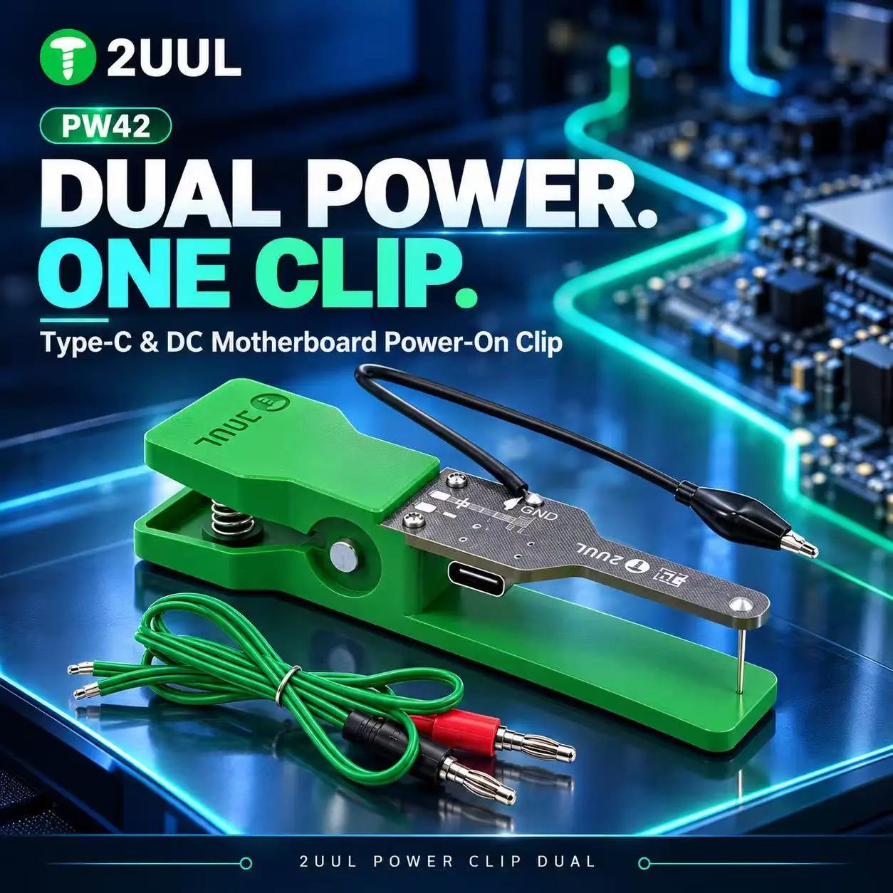 2UUL PW42 Type-C and DC Motherboard Power-On Clip Dual Mode with Ground Cable for Phone PCB Diagnostics Electronics Repair Tools