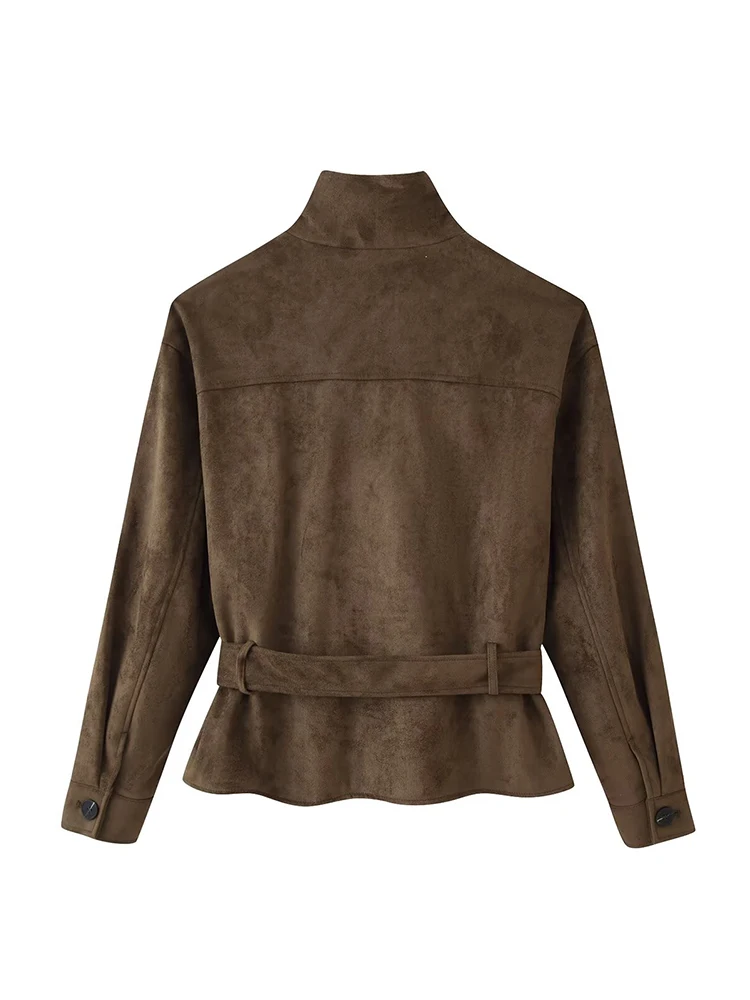 New Women's Belt Suede Short Jacket Elegant Stand Collar Long Sleeve Single Breasted Fashion Coat Autumn Winter Lace Up Jackets 3