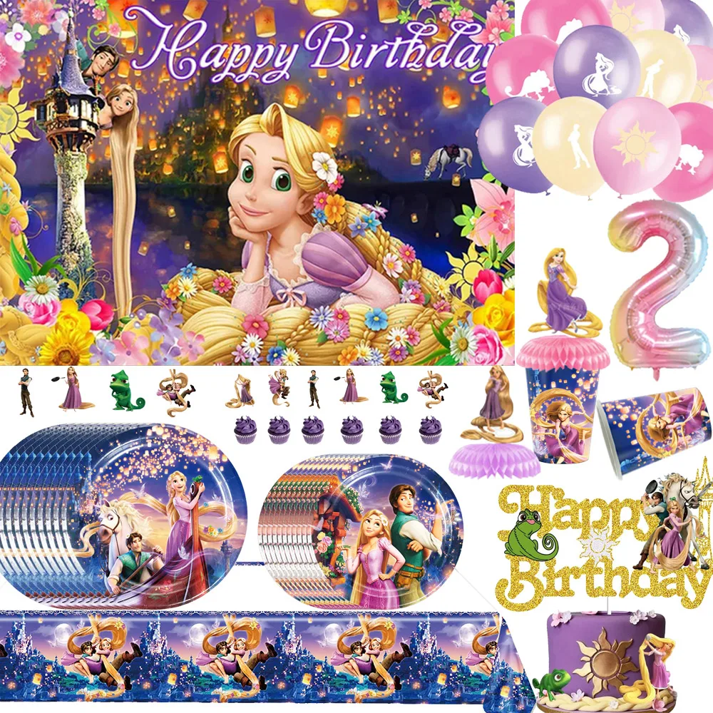 Tangled Rapunzel Themed Birthday Party Decorations Cups  Plates Tissue Banners Flags Cake Decorations Background Party Supplies