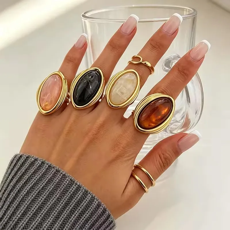 Vintage Colorful Resin Open Rings For Women Exaggerated Gold Color Oval Geometric Adjustable Ring Waterproof Jewelry Gift