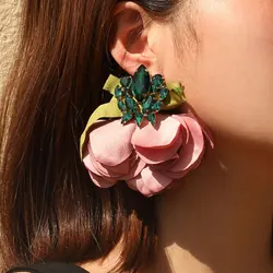 Bohemian Handmade Charm Crystal Cubic Zircon Fabric Flower Big Earrings Women Statement Exaggerated Earrings Fashion Accessories