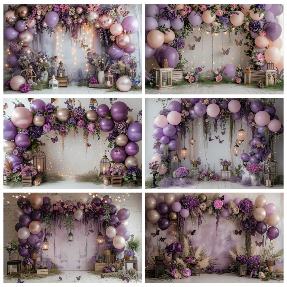 Fondo de mariposa con globos de flores moradas para bebé recién nacido, fiesta de 1er cumpleaños, pastel, Smash, fondo de fotografía de boda, estudio fotográfico