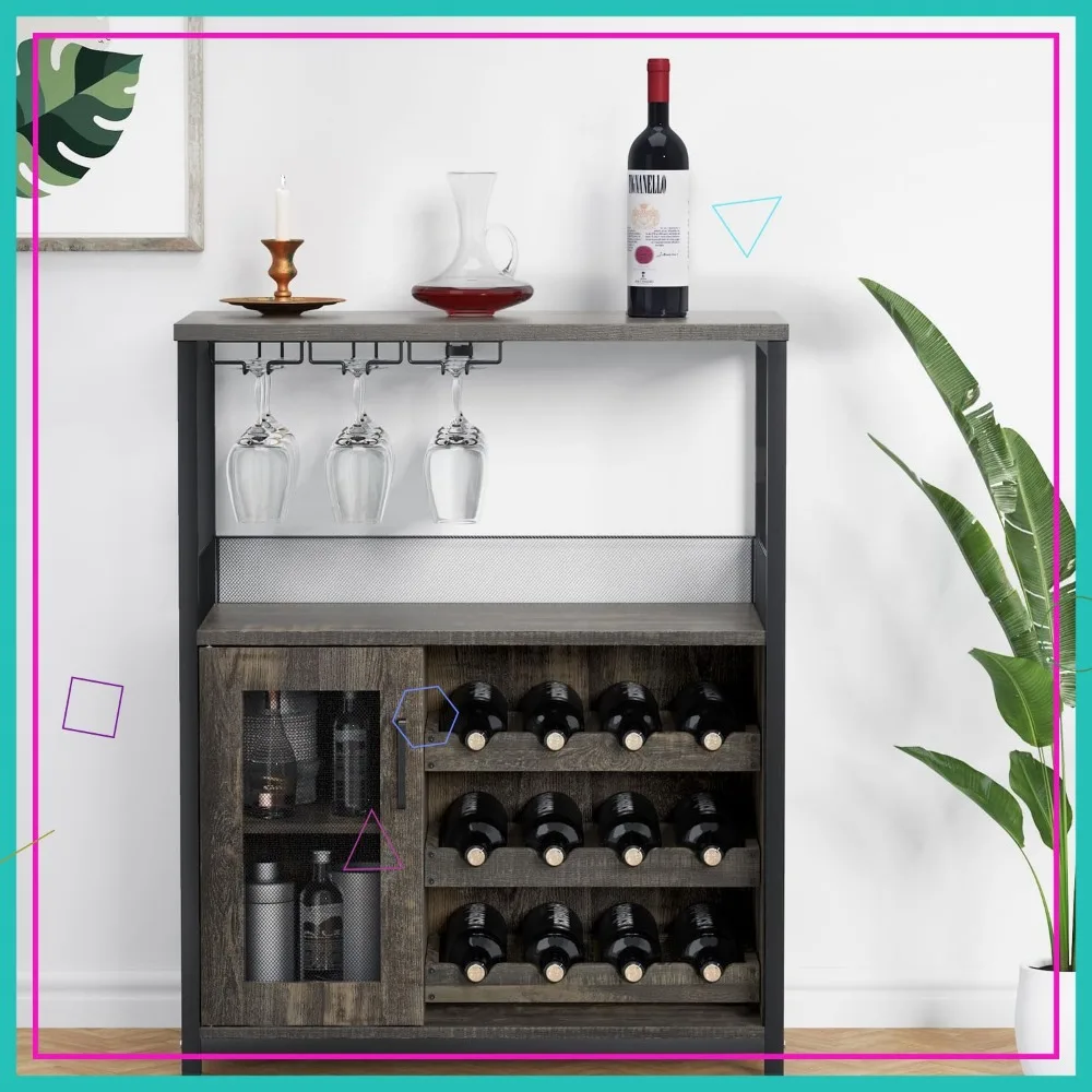 

Farmhouse Sideboard with Detachable Wine Rack, Glass Holder, and Mesh Door - Dark Wood Storage Cabinet