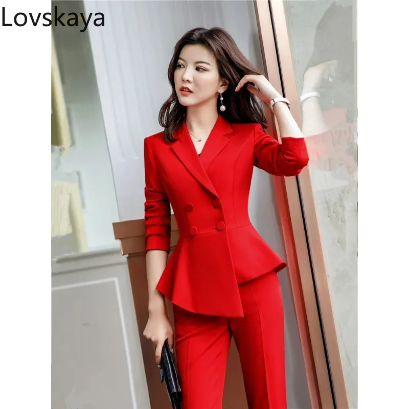 

Women's Elegant Office Work Suit, Double Row Buttons Blazer, Monochromatic, Slim, Red, New