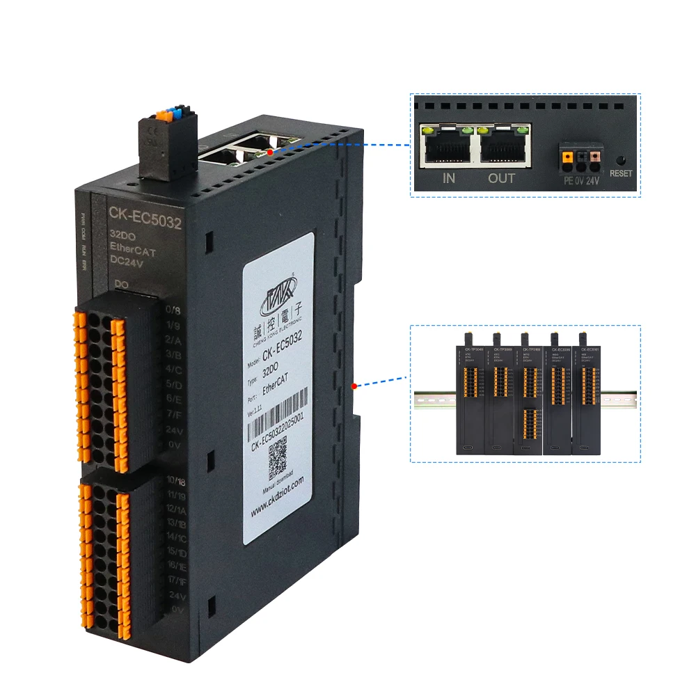 

CK-EC5032 32-Channel Digital & Analog Remote I/O Module EtherCAT Bus for PLC Machine for Factory Automation CE RoHS Certified