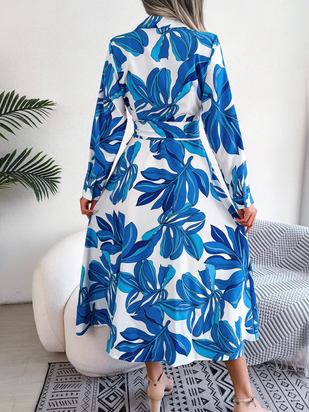 Spring Summer Ladies Contrast Floral Polo Collar Lace Up Shirt Dress Women Single Breasted Long Dress