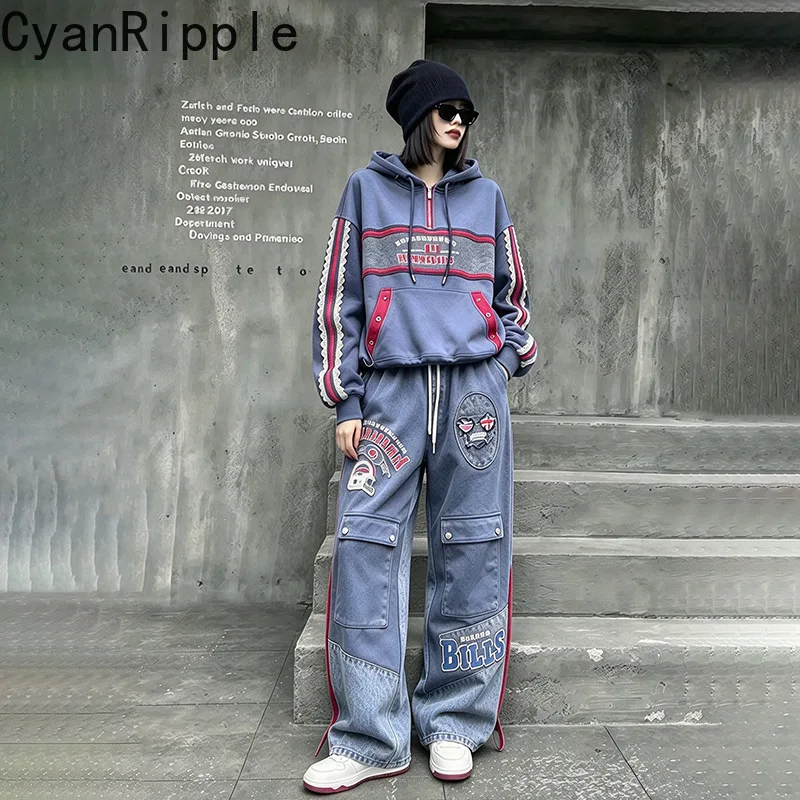 American Streetwear Women Two-piece Set Colorblock Letters Printed Hooded Pullover Top + Elastic Waist Wide Leg Straight Pants