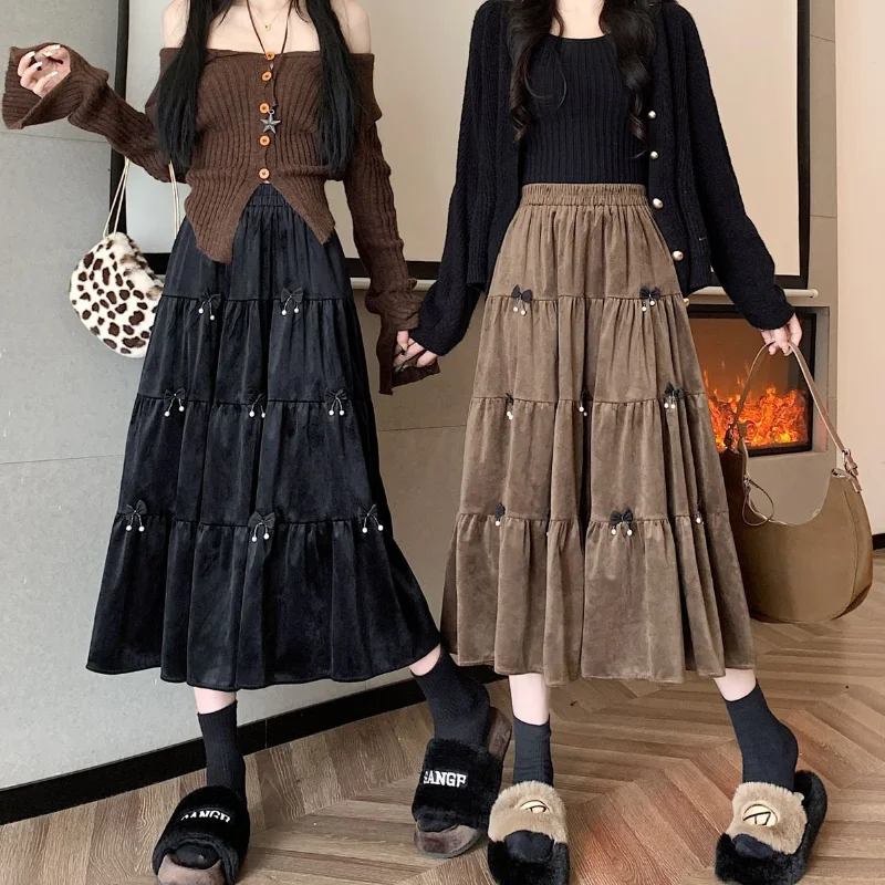 Mori Girl Sweet Cute Bow Velvet Black Brown Long Skirt for Women Autumn Winter Korean Fashion High Waist A-line Loose Cake Skirt