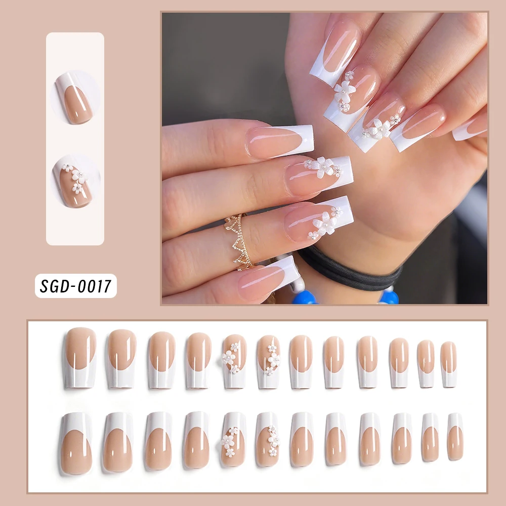 24 قطعة طويلة مربع الفرنسية الأظافر وهمية رصع ثلاثية الأبعاد زهرة بيضاء اليدوية اضغط على الأظافر نعش الأظافر كاذبة نصائح للنساء أنيقة TD