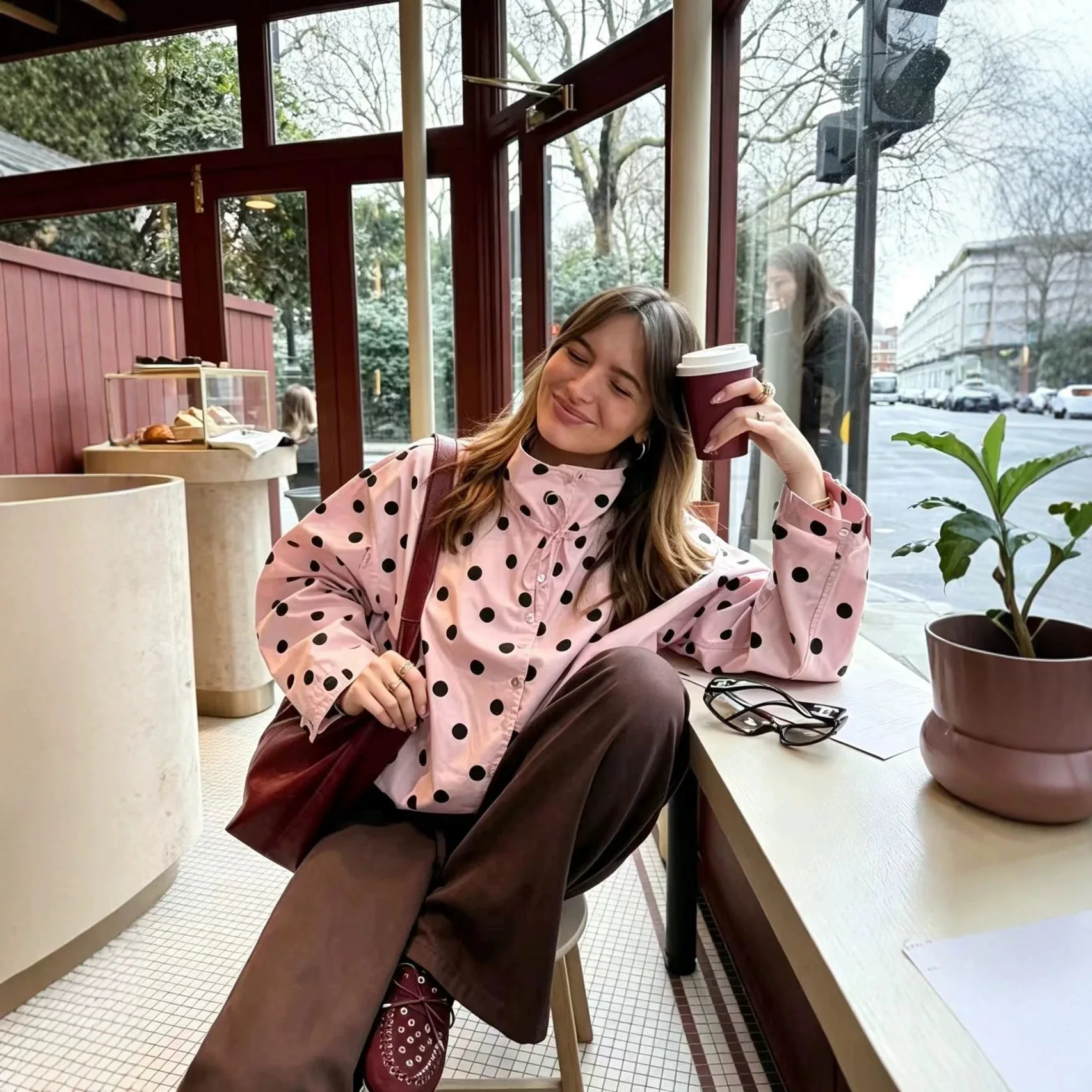 Polka Dot Jacket Women Stand Collar Bow Tie 2026 Autumn Long Sleeve Loose Vintage Allover Print Casual Daily Fashion Outerwear