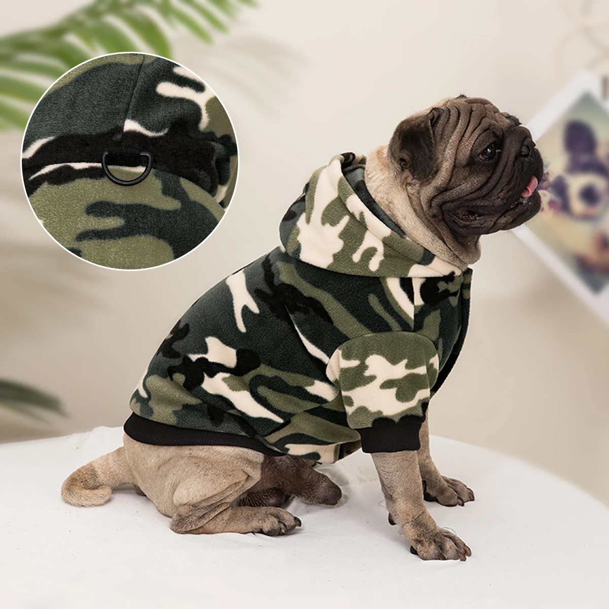 Tarnmuster-Hundehoodie mit D-Ring, warme Fleece-Hundekleidung für kleine und mittelgroße Hunde, Winter-Sweatshirt für Französische Bulldoggen und Mopsen. – Detail 1