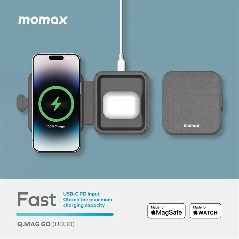 MOMAX Q Mag Go Folding MageSafe 2 in 1 Wireless Charger Magnetic Charging Station Compatible for iPhone Airpods Apple Watch