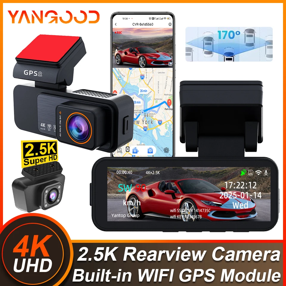 Yangood 3.2 ''Dashcam 4K Mini Car DVR يدعم GPS Speed Display APP WIFI التحكم للرؤية الليلية 2.5K كاميرا الرؤية الخلفية الصندوق الأسود