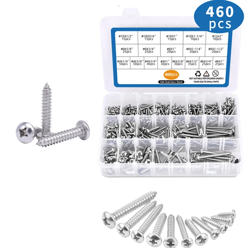 460Pcs 304 Stainless Steel Self Tapping Screw Kit Assortment For Phillips Pan Head Fastener For Wood Metal Plastic DIY Repair