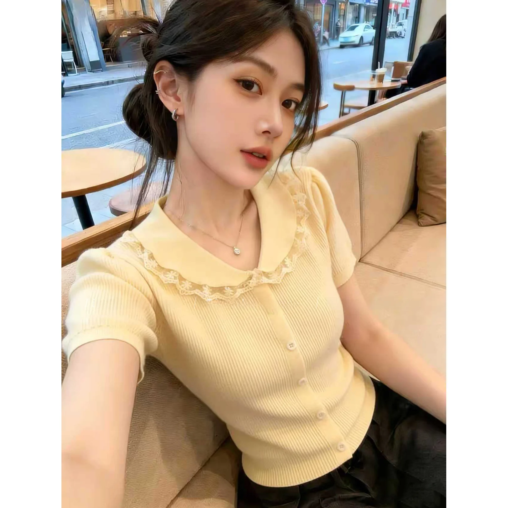 

Lace Splice Doll Collar Short Sleeve Knitted Open Cardigan Women's Summer New Age Reduction Short Top Self-Preserving Style