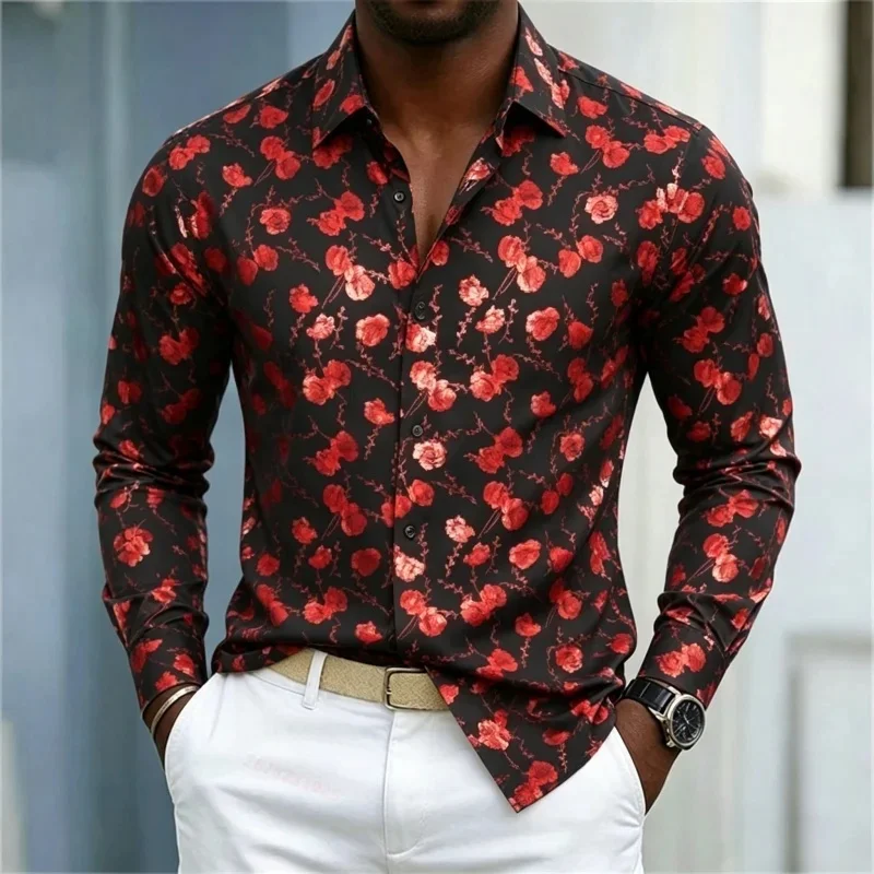 Men's 3D shirt with rose print, black gold base, retro slim fit, long sleeved, street style, business casual, men's clothing