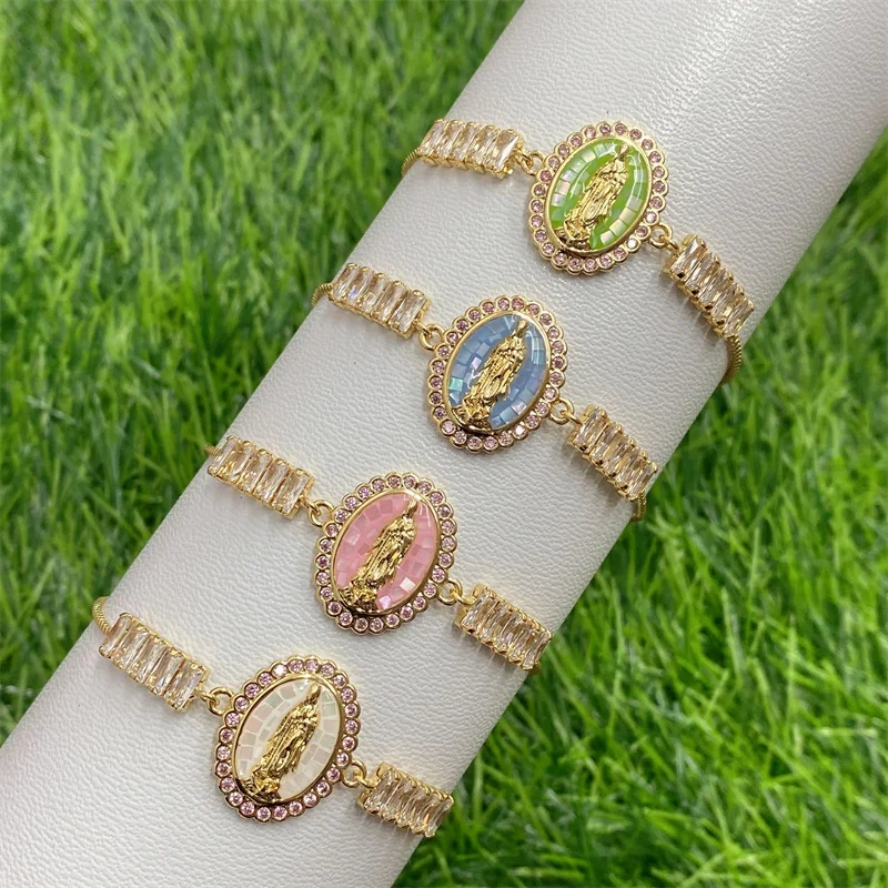 Oval Abalone Chips Shell Virgin Mary Bracelets For Women Gold Chain Charm Bracelet Bangle CZ Zirconia Wholesale Jewelry Gifts